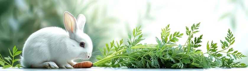 Fototapeta premium White Rabbit Eating Carrot with Green Foliage