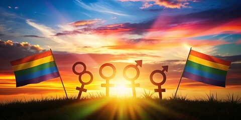 Obraz premium Iconic pride month symbols in silhouette against a radiant sunset background