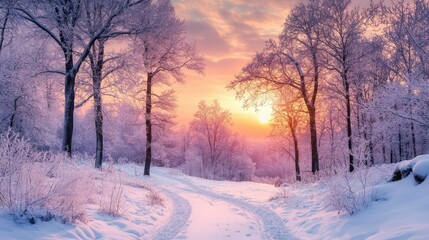 Obraz premium A tranquil winter scene in Bieszczady, with snow-covered trees and a vibrant sunset creating a magical atmosphere.