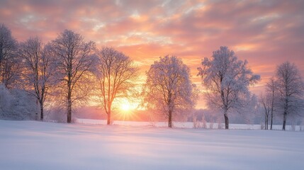 A tranquil winter scene in Bieszczady, with snow-covered trees and a vibrant sunset creating a magical atmosphere.