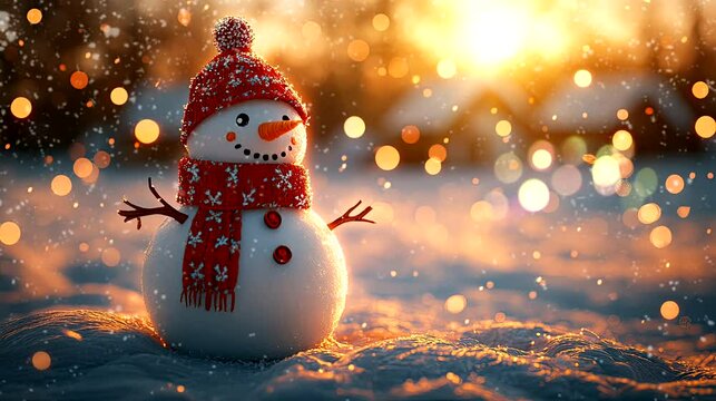 winter in the village nature with snowman and house with a very beautiful mountain view. seamless looping time-lapse virtual 4k video animation background