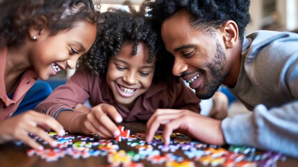 Obraz premium A father and his two daughters work on a puzzle together.