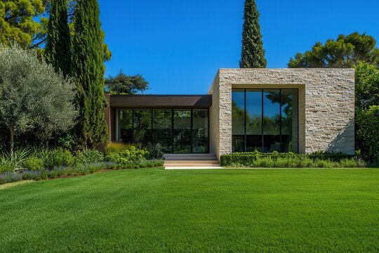 The design blends modernist and contemporary styles with a cozy feel. It features natural stone, large glass panels with black frames, and ample natural light. The garden includes elegant Italian cypr
