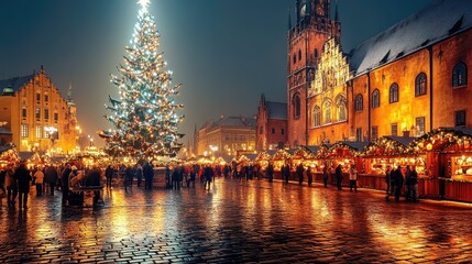 Fototapeta premium A vibrant holiday scene in Krakow, with the Main Market Square's Christmas tree standing proudly next to the illuminated Cloth Hall, capturing the essence of Christmas.