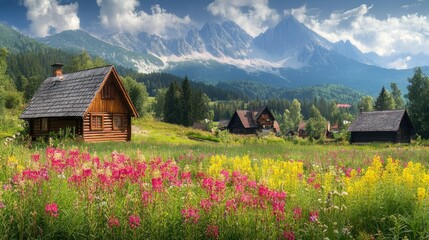 Fototapeta premium A vibrant summer day in the Tatra Mountains, featuring colorful wildflowers and traditional cottages in Gasienicowa Valley.