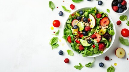 A vibrant top view of a fresh vegetable salad, muesli, and an assortment of fruits like apples and berries, set on a plain white background.