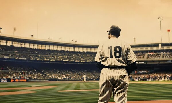 Vintage style baseball player in uniform looking at the field