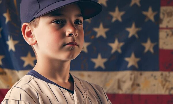 Young boy in baseball uniform with American flag backdrop