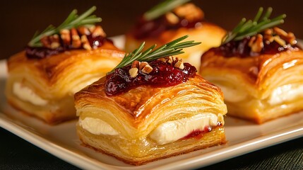 Cranberry Brie crescent bites made with golden, flaky crescent dough, filled with melted Brie cheese and topped with cranberry sauce, chopped pecans, and fresh rosemary sprigs.






