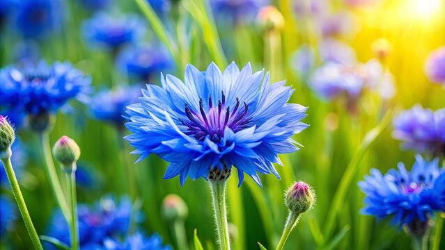 Vibrant cornflower blooming in a lush spring garden filled with may blue flowers