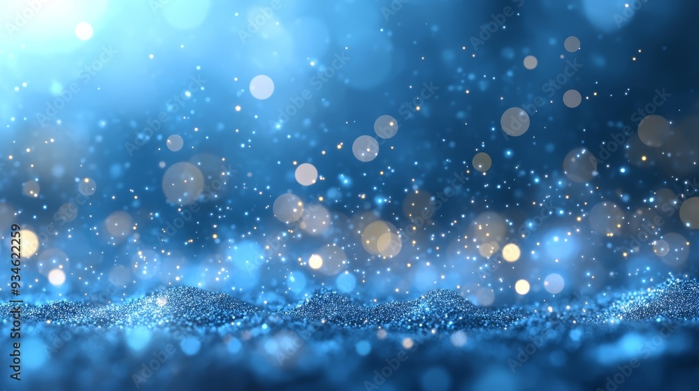 Poster abstract blue bokeh background with glowing particles