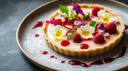 A white chocolate tart with a crisp crust and smooth filling, garnished with edible flowers and a drizzle of raspberry sauce.