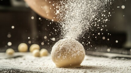 A white chocolate truffle being dusted with powdered sugar, captured mid-action as the powder falls onto the surface.