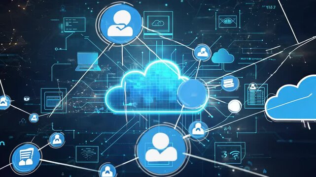 A digital network with cloud symbols and users, representing online data exchange and connectivity in modern technology.