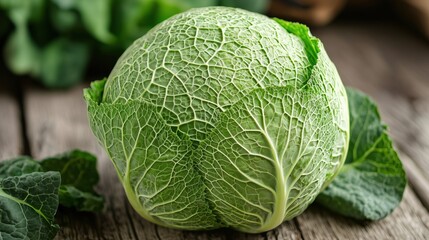 Fototapeta premium Green cabbage on a wooden table
