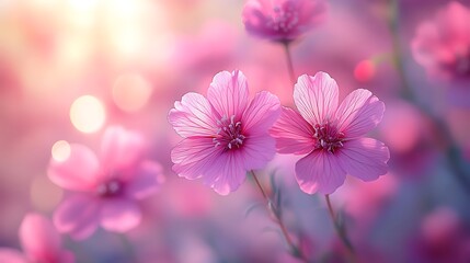 Fototapeta premium Two pink flowers with blurred background at sunset.