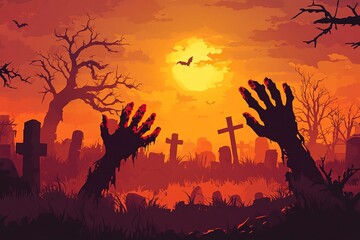Zombie hands silhouettes on scary cemetery landscape. Autumn horror season, Halloween creepy vector background with zombie or living dead hand,generative ai