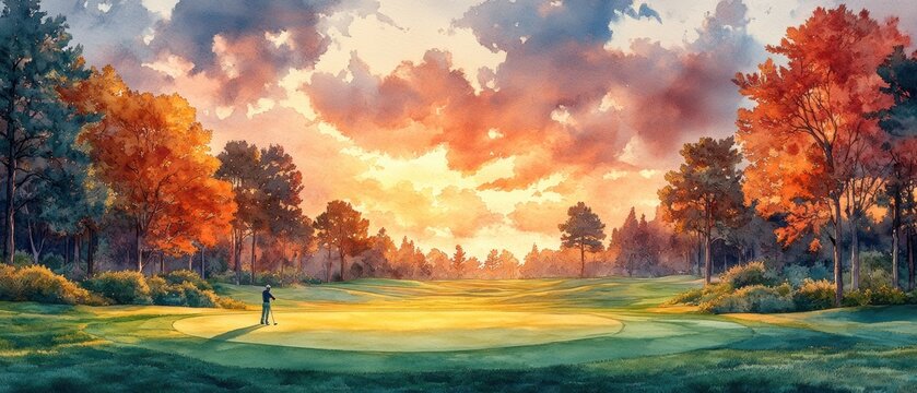 Watercolor Golfer Swinging on Lush Green Course at Sunset