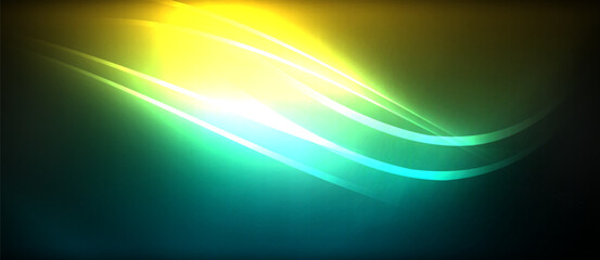 Neon glowing circle rays, light round lines in the dark, planet style neon wave lines. Energetic electric concept design for wallpaper, banner, background