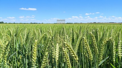 A wide shot of green wheat growing in a field with a tribune structure visible in the background. The young wheat symbolizes new beginnings and growth.