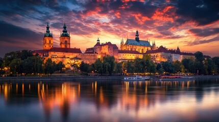 Obraz premium A wide-angle view of Wawel Castle at twilight, the historic fortress glowing warmly against a rich evening sky, with the river adding to the serene scene.