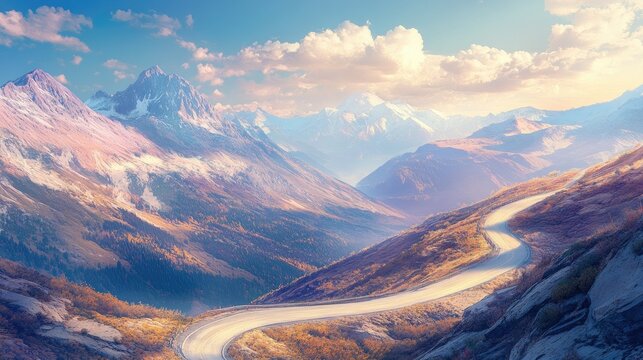 A winding mountain road with a panoramic view of distant peaks, under a bright, clear sky.