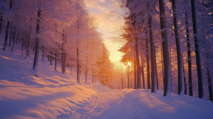 Naklejka premium A winter mountain forest in Bieszczady, Poland, with snow-covered trees and a vibrant sunset painting the sky in warm colors.