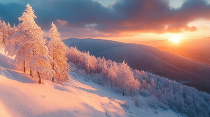 A winter mountain forest in Bieszczady, with snow-covered trees and a stunning sunset casting warm hues over the landscape.