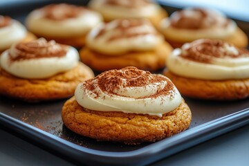 Freshly made pumpkin cookies, covered in a smooth cream cheese frosting and sprinkled with cinnamon, arranged on a baking sheet.






