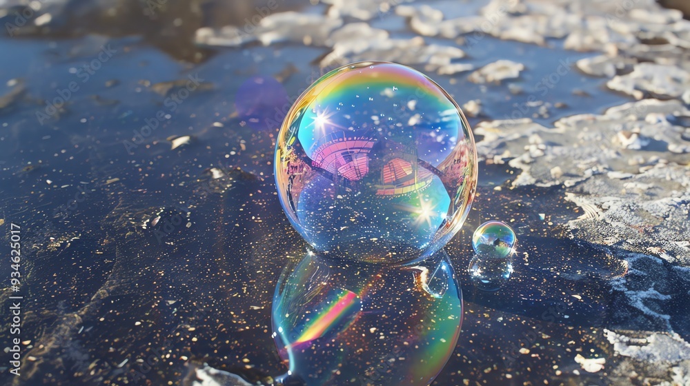 Poster a large iridescent bubble sits on a wet, textured surface with a smaller bubble next to it.