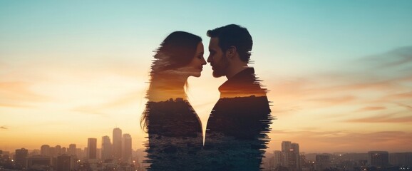 Fototapeta premium Creative abstract background of business trends with a couple experiencing a beautiful travel spot, natural lighting, copy space