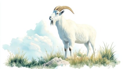 Obraz premium Mountain Goat in Watercolor with Grass and Clouds