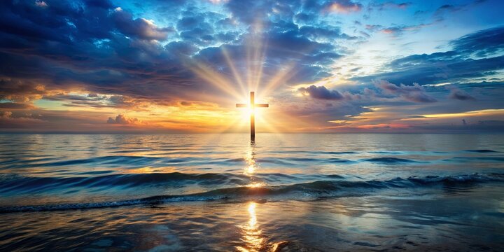 A tranquil landscape with a glowing cross symbolizing guidance from above, set against gentle waves