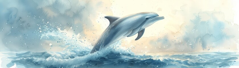 Watercolor Dolphin Jumping in Ocean Waves with Blue Sky