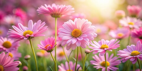 Fototapeta premium Pink daisies standing out in a field of soft focused pink flowers in a beautiful nature garden setting