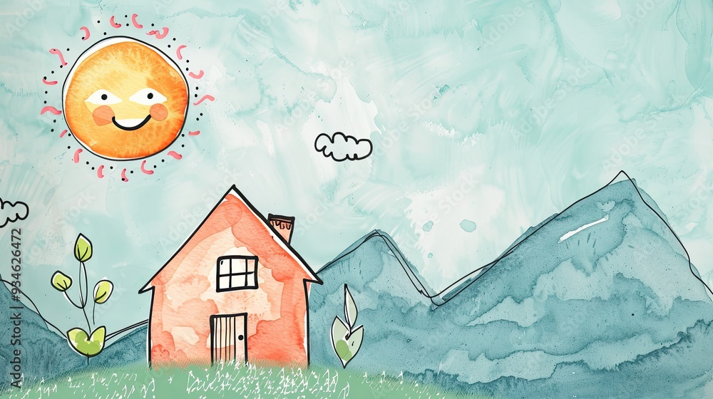 Wall mural Watercolor Illustration of a Happy Sun, House, and Mountains