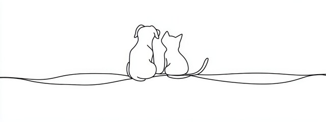Dog cat line pet animal art continuous outline illustration drawing. Cat line simple dog icon silhouette background one sketch logo puppy vet companion doodle canine card business linear minimal.