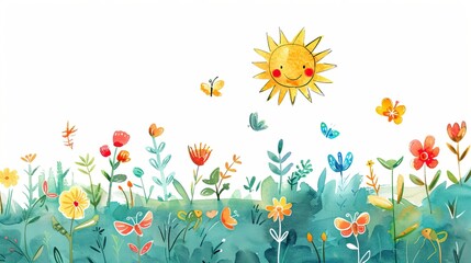 Watercolor illustration of a sun, butterflies, and a field of flowers