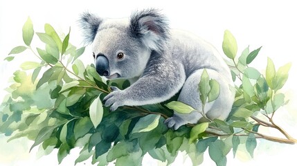 Obraz premium Watercolor Koala Bear in Eucalyptus Tree
