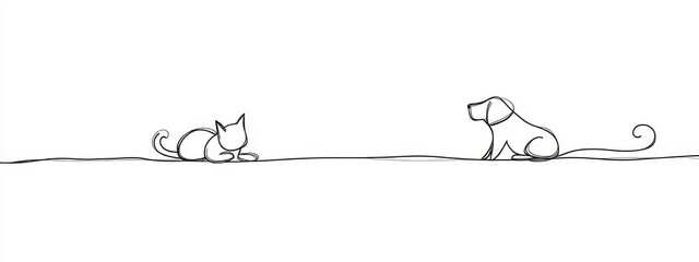 Dog cat line pet animal art continuous outline illustration drawing. Cat line simple dog icon silhouette background one sketch logo puppy vet companion doodle canine card business linear minimal.