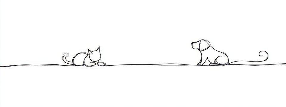 Dog cat line pet animal art continuous outline illustration drawing. Cat line simple dog icon silhouette background one sketch logo puppy vet companion doodle canine card business linear minimal.
