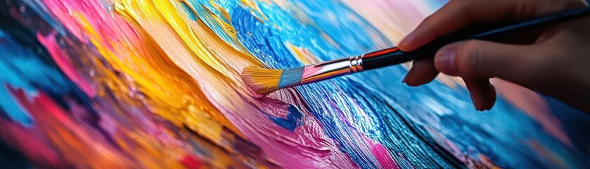 Fototapeta premium Artistic expression with a painter creating a colorful abstract piece, capturing the energy and creativity of the process, Artistic, Bright, Dynamic
