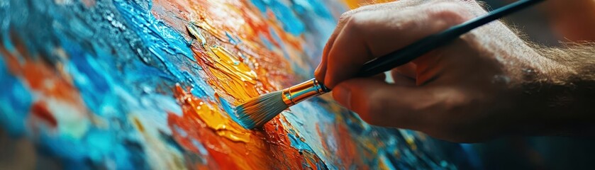 Fototapeta premium Artistic expression with a painter creating a colorful abstract piece, capturing the energy and creativity of the process, Artistic, Bright, Dynamic