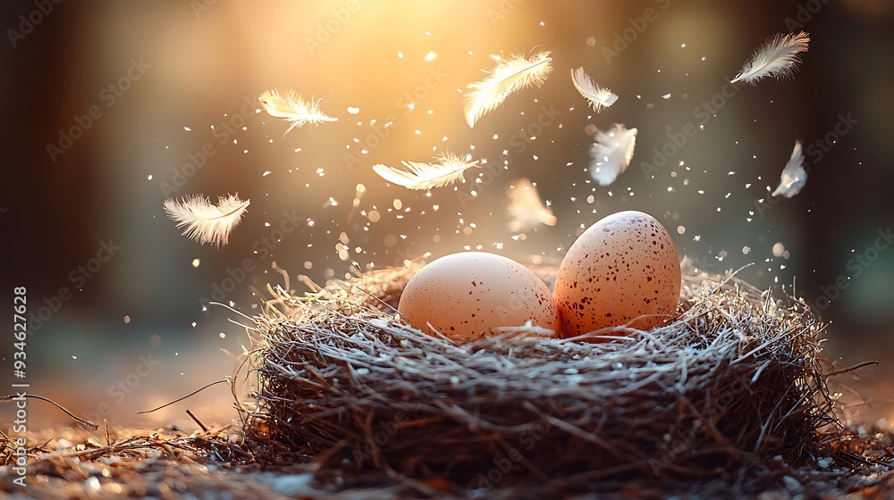 Poster two speckled eggs rest in a bird's nest with feathers floating around them in the warm glow of a set