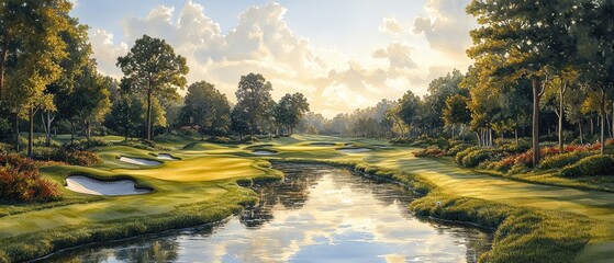 Watercolor Golf Course with Hand-Painted Trees and Winding Fairway