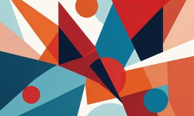 an abstract expressionist digital painting where bold geometric forms in shades of red, orange, blue, and teal intersect and blend into each other