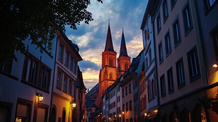 Naklejka premium An evening at the Mainz Cathedral, with the Gothic architecture glowing softly under the evening lights, and the sky transitioning from day to night.