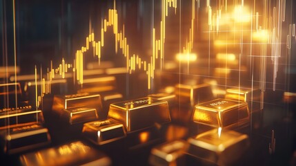 Obraz premium A digital simulation of the gold trading market, showing fluctuating gold prices on a graph with candlesticks, accompanied by gold bars in the background, symbolizing investment opportunities