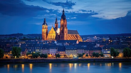Naklejka premium An evening view of the Mainz Cathedral, where the historic structure is illuminated against a deepening blue sky, and the city begins to light up for the night.