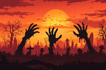 Zombie hands silhouettes on scary cemetery landscape. Autumn horror season, Halloween creepy vector background with zombie or living dead hand,generative ai